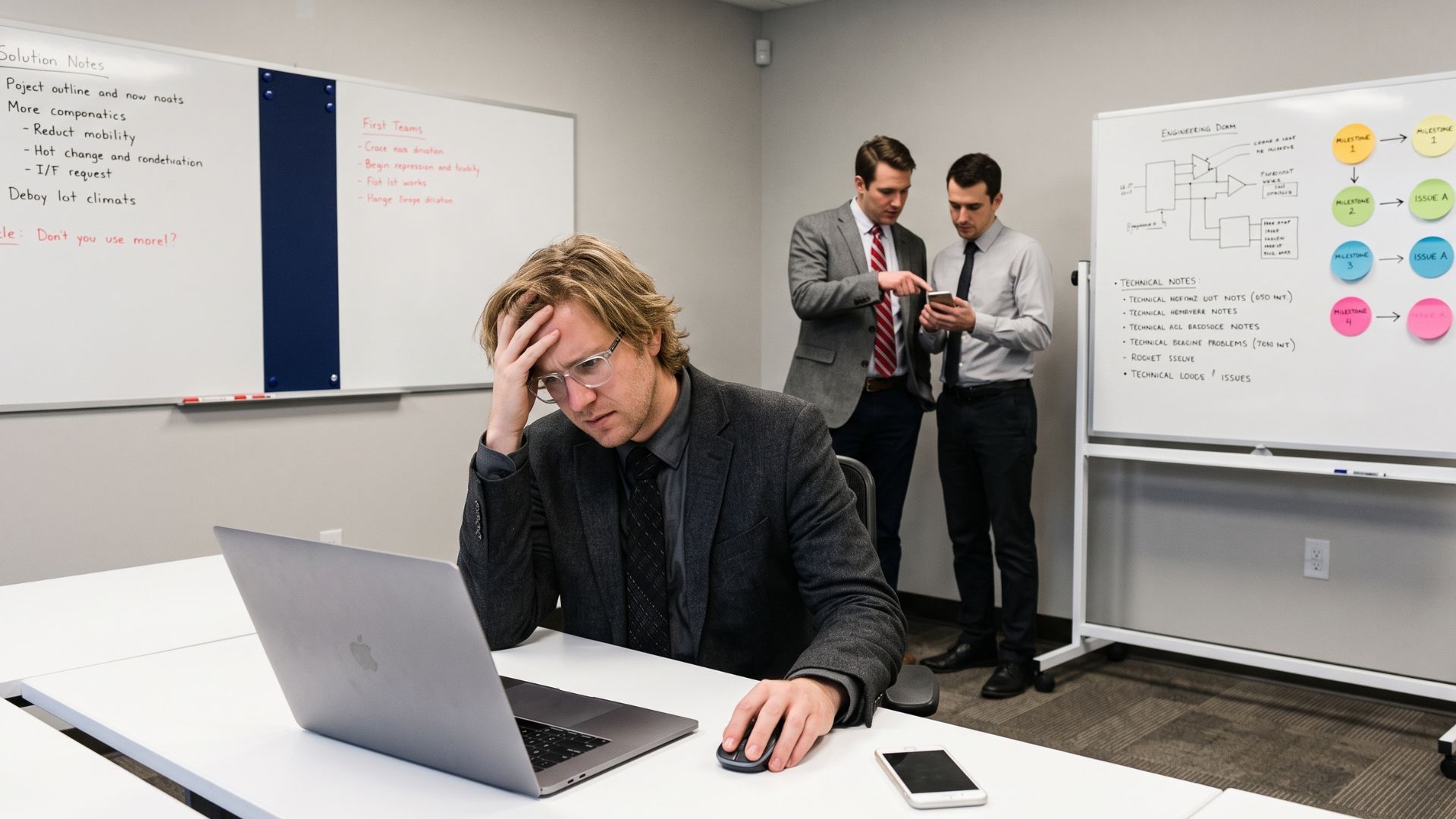 A frustrated instructional designer at a laptop in a meeting room while two colleagues talk near whiteboards covered in project notes