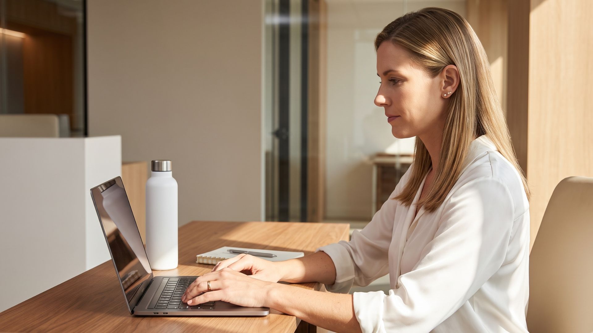 A professional working on a laptop at a wooden desk in a sunlit modern office