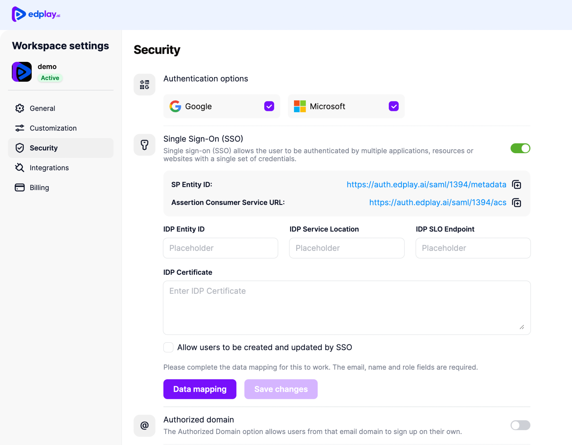 SSO and Security Settings Asset