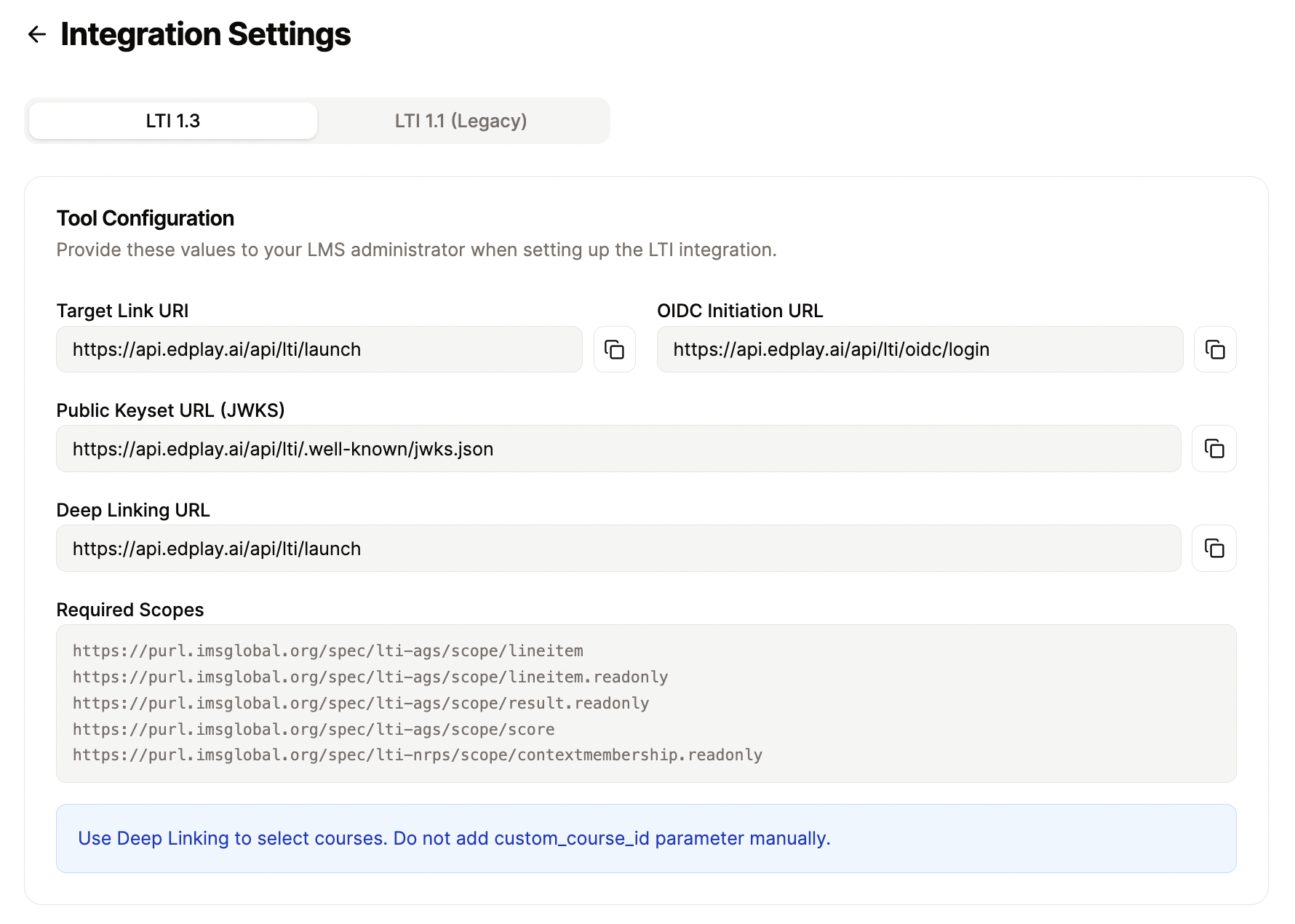 LTI 1.3 integration settings for LMS platforms