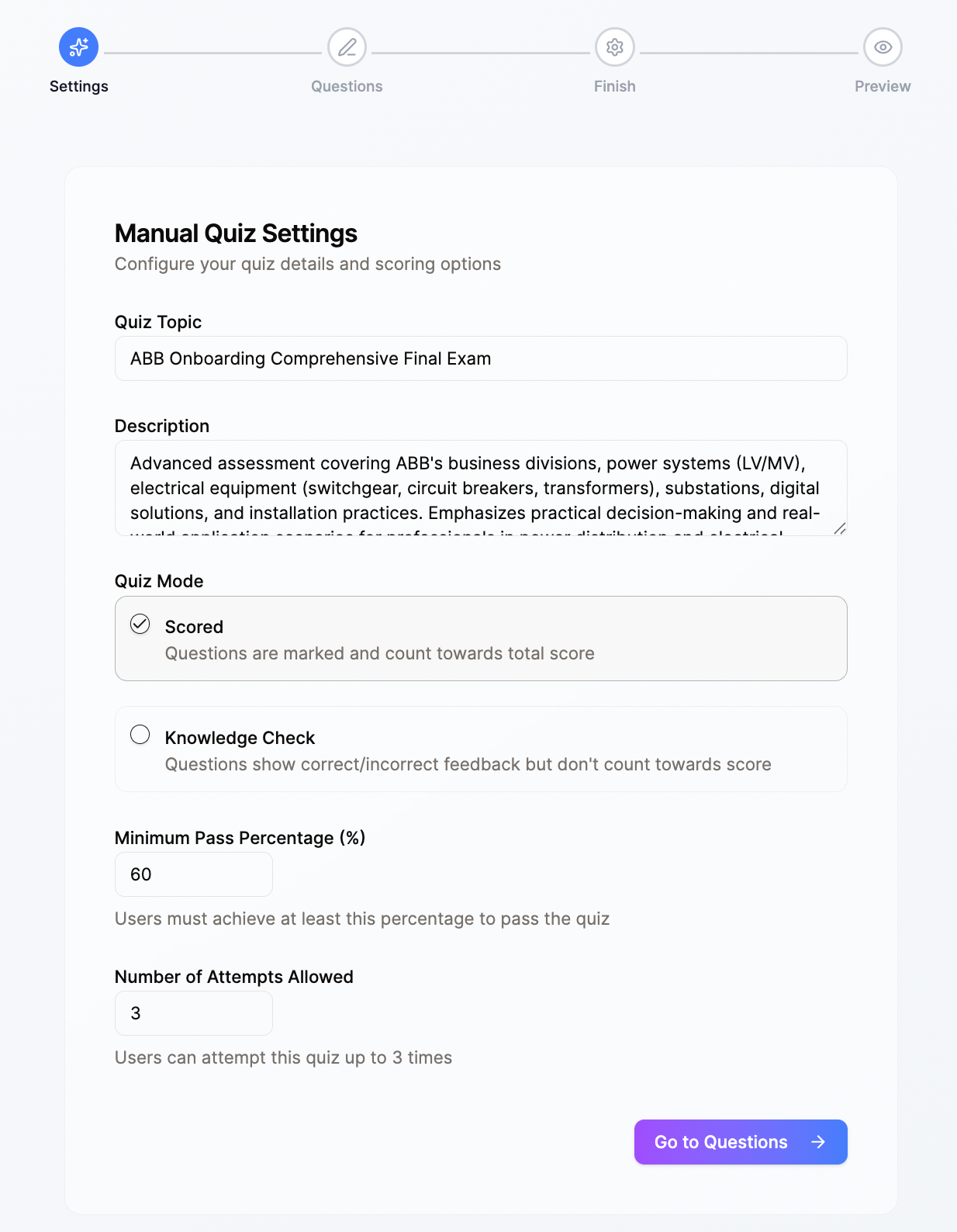 Quiz Settings Configuration